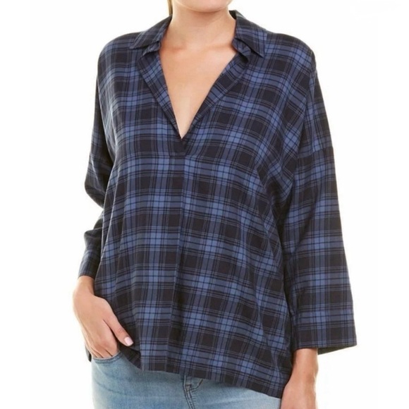 Vince Tops - VINCE Blue Coastal Plaid Karo V Neck Cotton Tunic Top